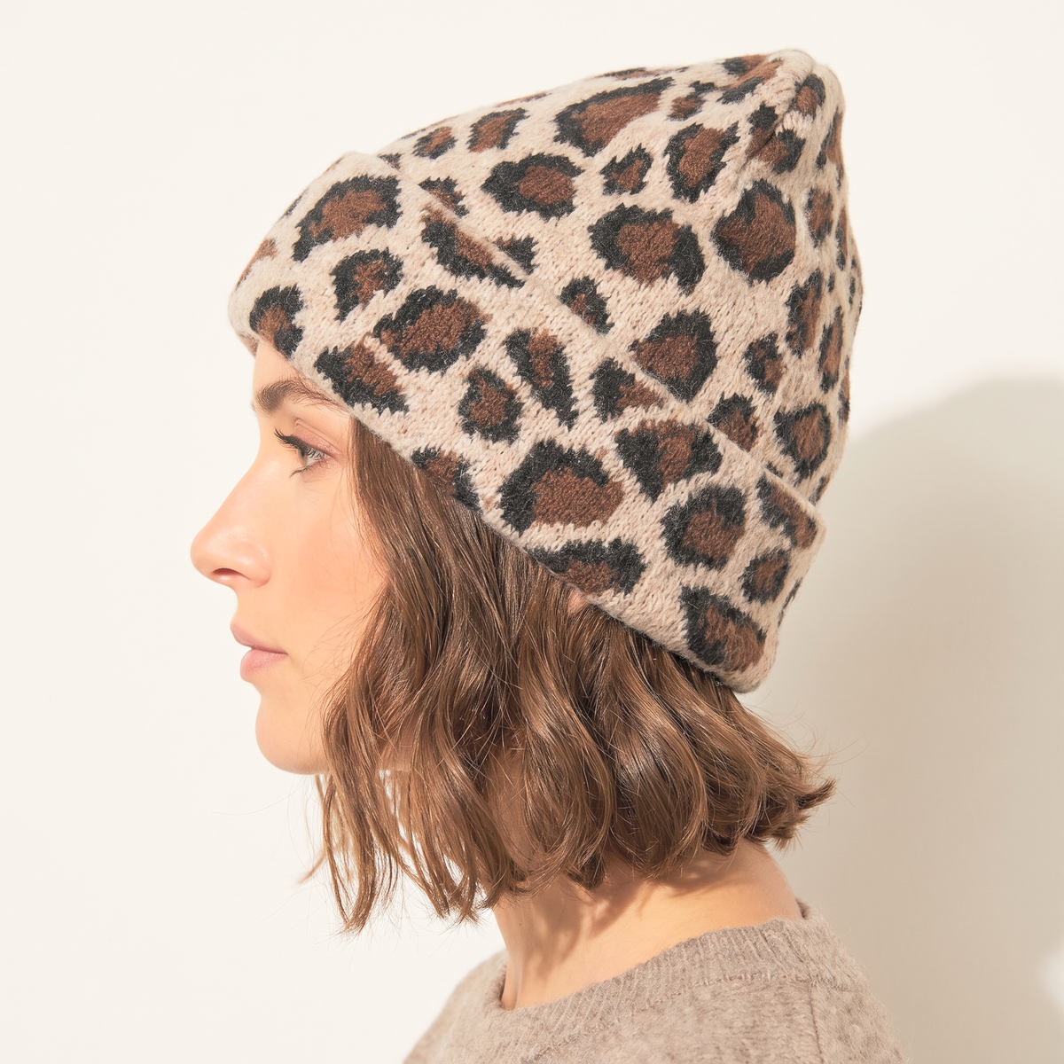 Leopard Print Beanie Hat in Beige: One Size