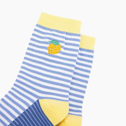 Embroidered Lemon Striped Combed Cotton Socks in Blue: UK 3-7 | EU 36-40 | US 5-9