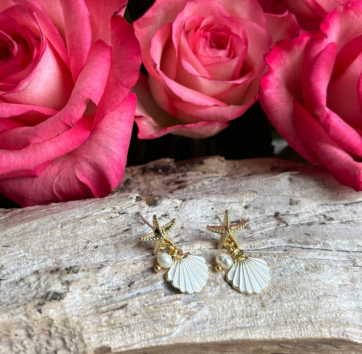 14ct Gold Plated Starfish Shell Earrings: White OR73