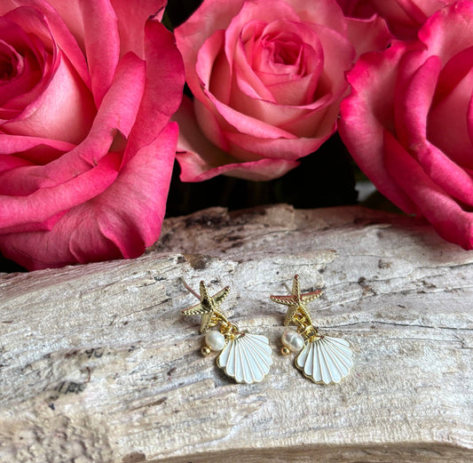 14ct Gold Plated Starfish Shell Earrings: White OR73
