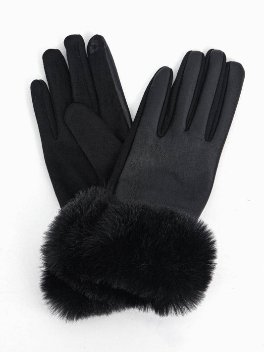 Maya Faux Fur Cuff Gloves - Black, PU: One-size