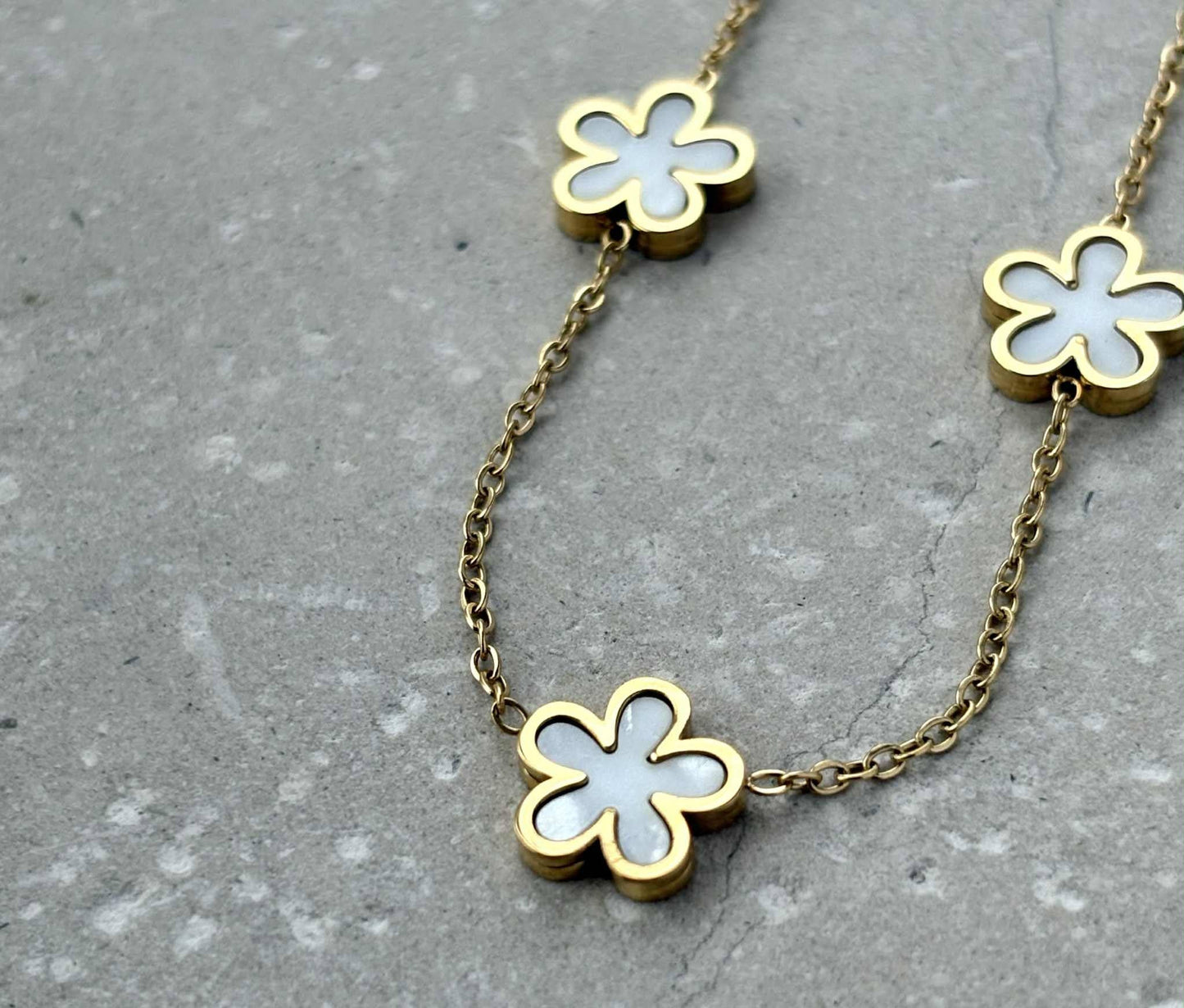 Tarnish Resistant Pearlescent Flower Necklace. FB13