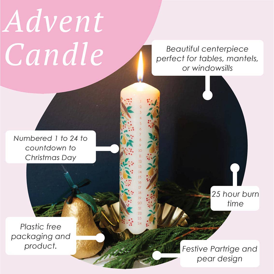 Partridge & Pear Advent Pillar Candle