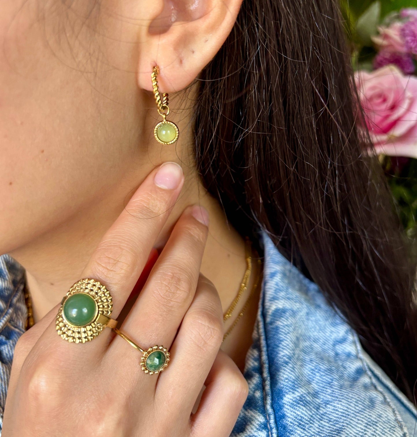 18ct Gold Plated Natural Stone Flower Ring: Aventurine OR39