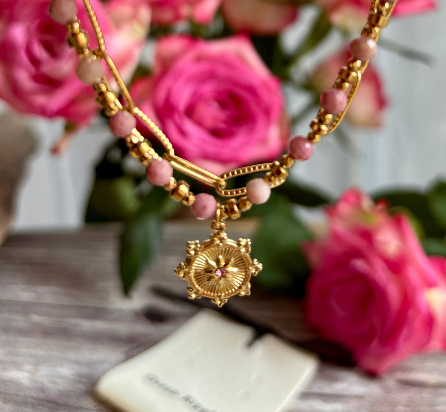 18ct Gold Plated Rhodochrosite Sun Disc Bracelet OR51