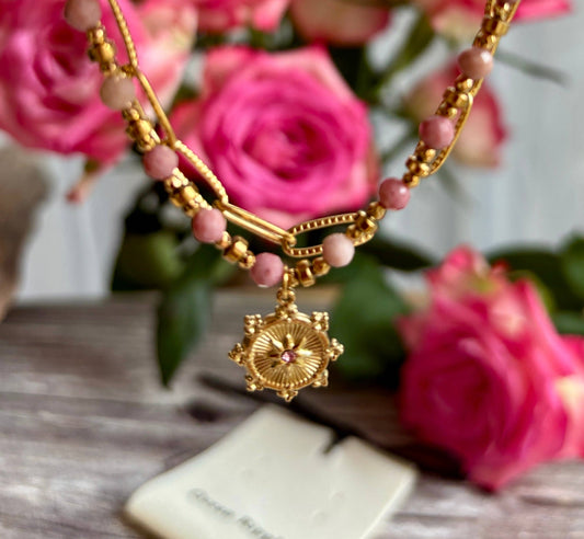 18ct Gold Plated Rhodochrosite Sun Disc Bracelet OR51