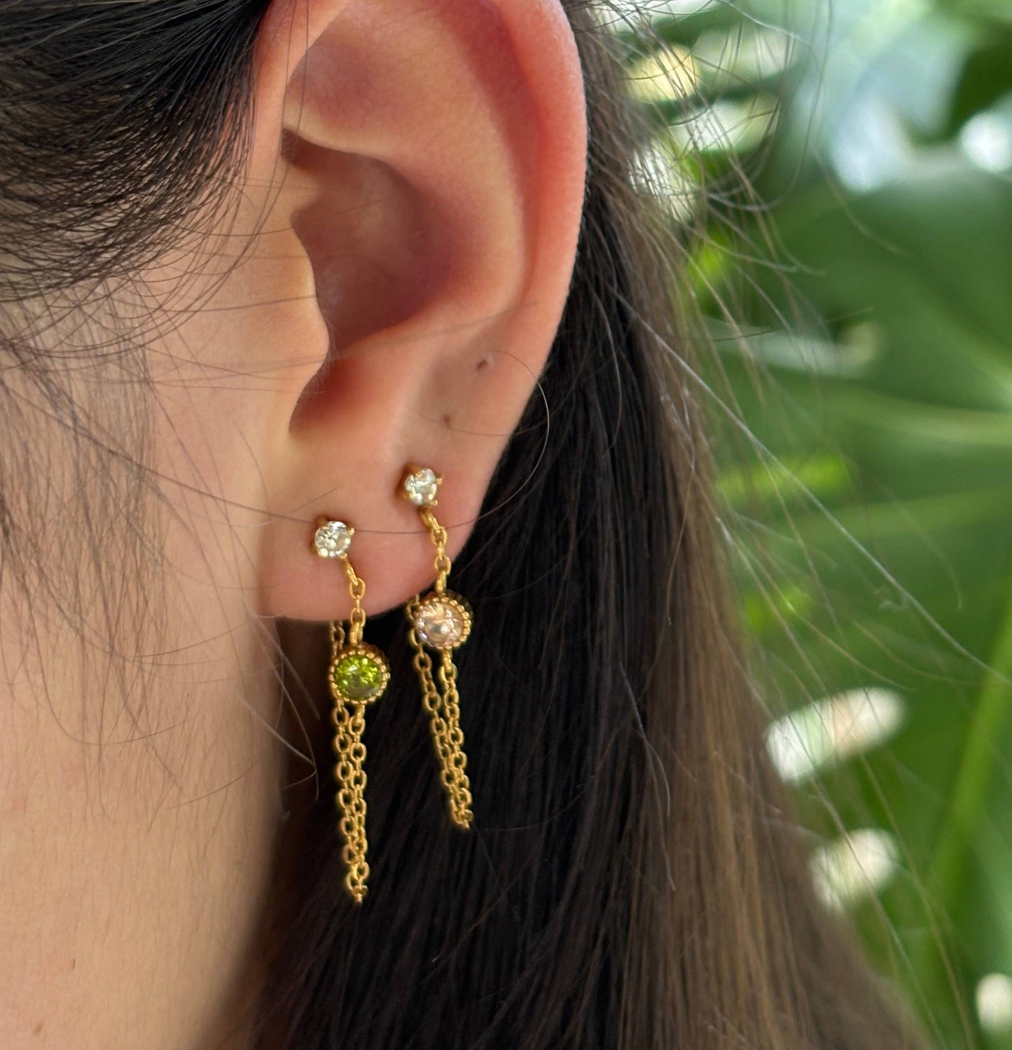 18ct Gold Plated Cubic Zirconia Stud Chain Earrings OR17