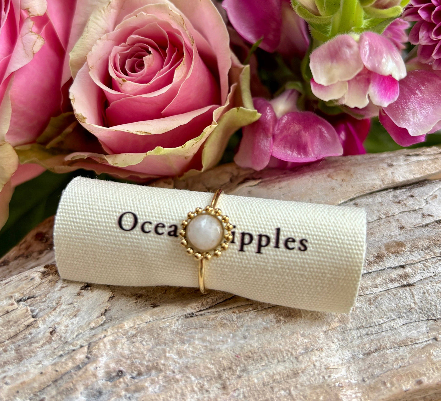 18ct Gold Plated Natural Stone Flower Ring: White Jade OR37