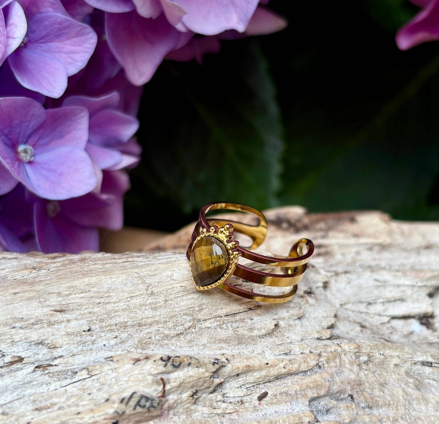 18ct Gold Plated Tiger's Eye Triple Band Ring OR35