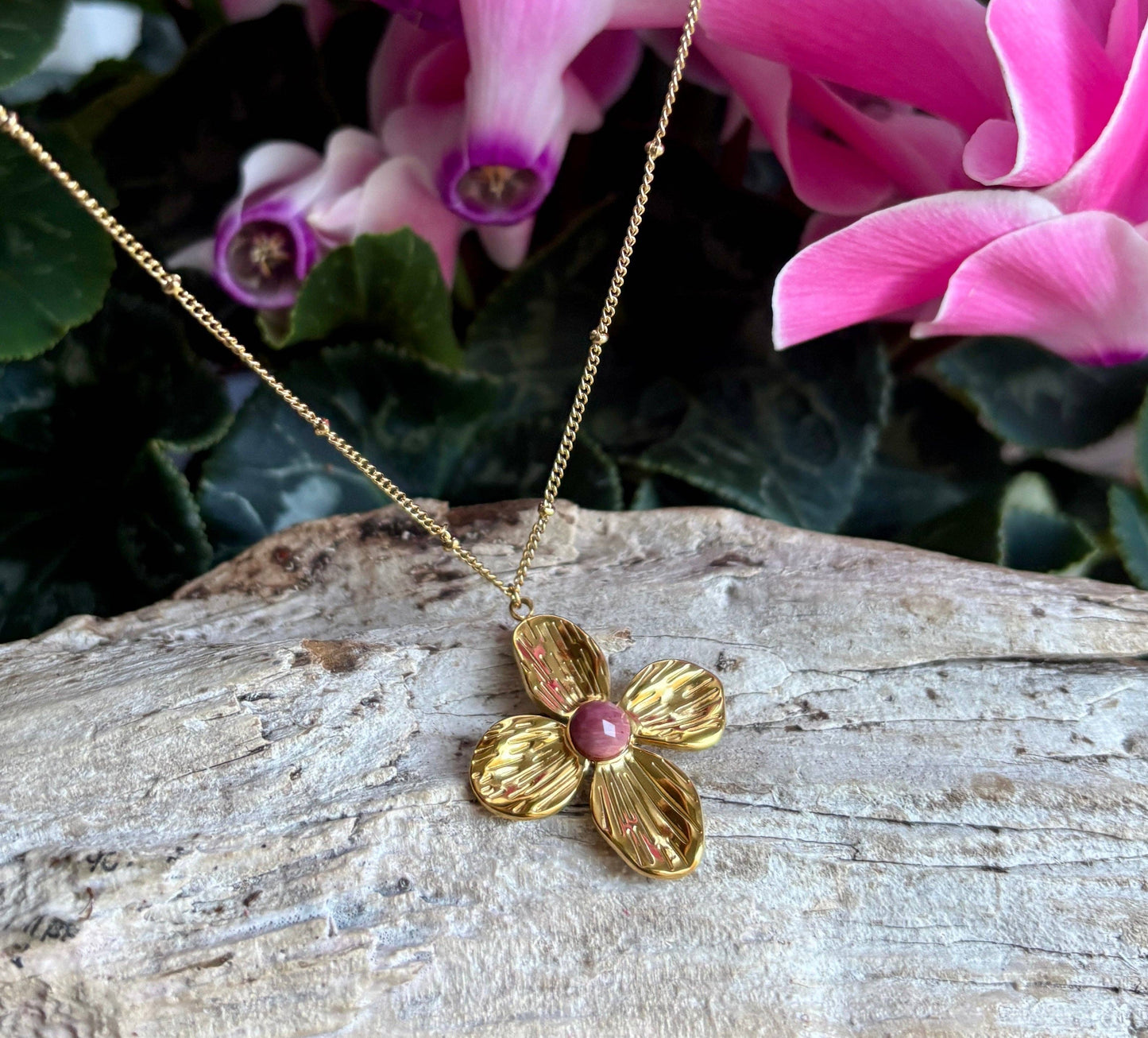 18ct Gold Plated Natural Stone Flower Pendant Necklace Turquoise OR55