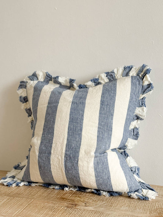 Hallie Ruffled Linen Cushion – Blue Wide Stripe: 45 x 45 cm