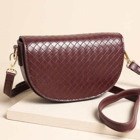 Woven Vegan Leather Half Moon Crossbody Bag in Burgundy