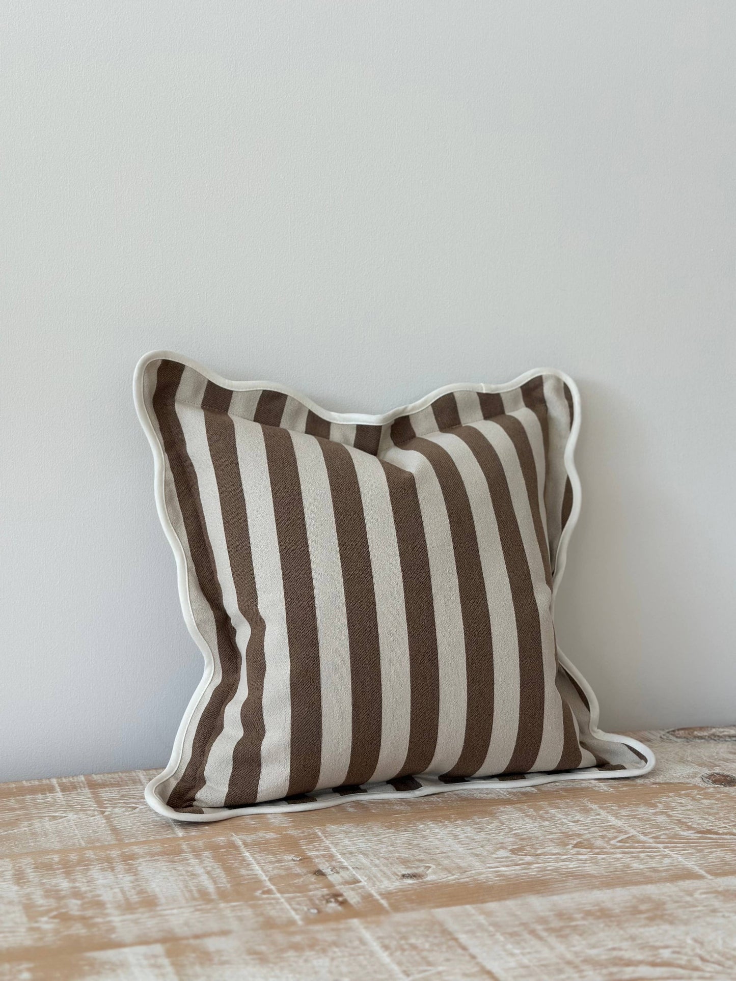 Chloe Brown Stripe Scalloped Edge Cushion