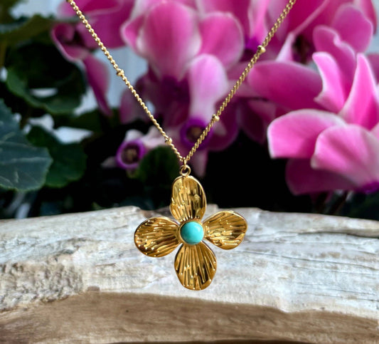 18ct Gold Plated Natural Stone Flower Pendant Necklace Turquoise OR55